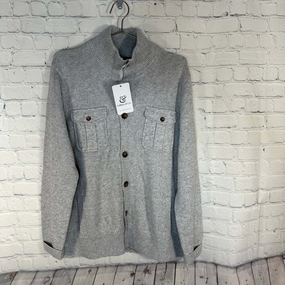NEW Collars & Co Mens Gray Wool Cashmere Blend Mock Neck Button Cardigan Sweater